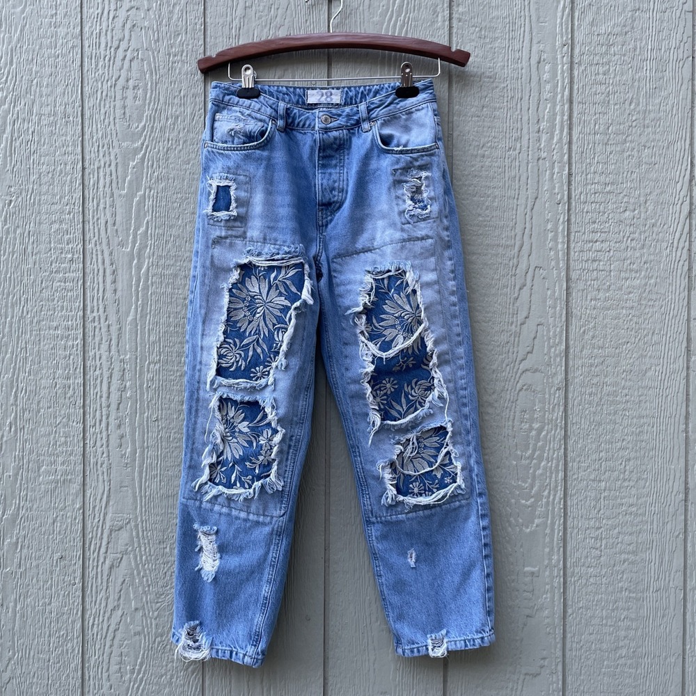 Free People Desert Rose Distressed Patchwork Ripped Straight Jeans Womens 28 Y2K